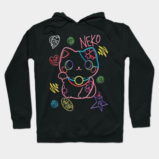 Neon Neko (2) - Cute neon light Japanese beckoning cats to bring you good luck Hoodie by SamInJapan